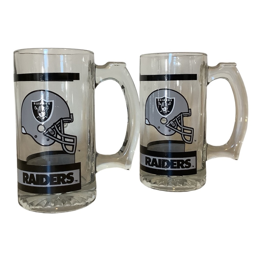 Vintage Oakland Raiders NFL Football 5.5” Tall 10oz Collector’s Set Of 2 Mugs